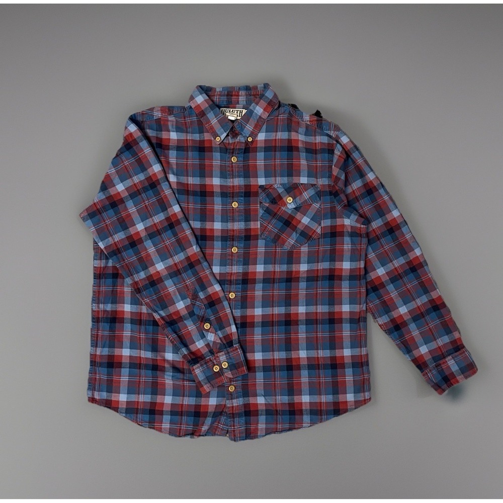 Duluth Trading Flannel Mens Extra Large Plaid Red Blue Button Down Slim Fit